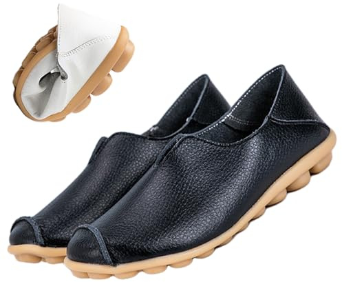 jyyyou Chaussons en Cuir Ultra Confortables, Mocassins Orthopédiques à Enfiler pour Femmes, Mocassins Confortables en Cuir pour Fasciite Plantaire avec Soutien De La Voûte Plantaire (Noir,40)