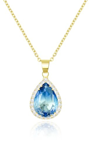 Linawe Aquamarin Blau Kette Halskette Damen, Anhänger Goldkette Diamant Geburtsstein Kristall Kettenanhänger, Goldener Schmuck Set Schmucksets für Damen, Charm Kette Gold Jewelry