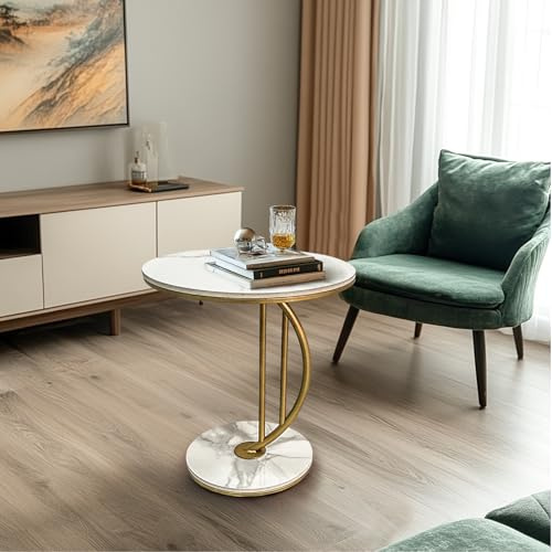 FEFE- White Sintered Stone Small Table- Size 45 * 45 * 45.5 cm with Elegant Top and Crescent Moon Shaped Metal Stand-Perfect as a Side Table for Living Room,Office or Bedroom
