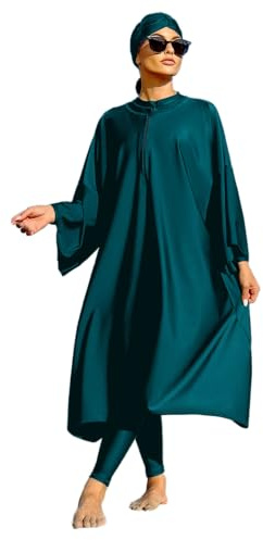 Lot de 3 maillots de bain burkini pour femmes musulmanes - Maillot de bain ample pour femme islamique - Couleur unie - Robe et pantalon à manches longues avec hijab, Vert, XL