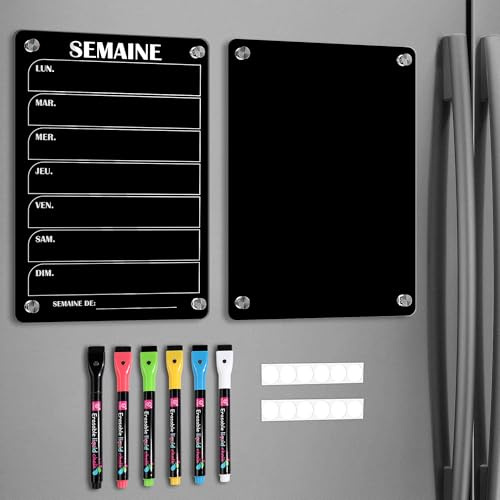 BIROYAL Planning Frigo Magnetique 2 Set, Acrylique Tableau Magnetique Frigo, Calendrier Magnétique Effacable, Planning Semaine, Planificateur Hebdomadaire Comprend 6 Couleurs de Marqueurs