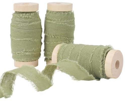 FALSKT 3 Rolls Green Ribbon Cotton Ribbon Handmade Frayed Ribbon Olive Green Fabric Ribbons for Gift Wrapping Wedding Invites Bridal Bouquets Holiday Decoration, 1 Inch x 7 Yard