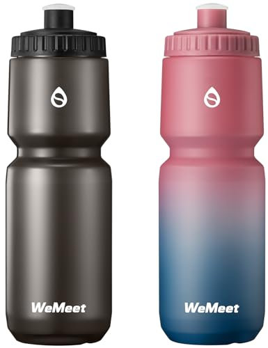 WEMEET Lot de 2 bouteilles d'eau de sport compressibles avec échelle de capacité, 950 ml avec valve de morsure, pour cyclisme, course à pied, fitness (noir et rouge bleu)