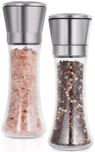 HI NATURE™ Set Macina Sale e Pepe – 2 Pezzi in Acciaio Inox e Vetro – Macina Regolabile in Ceramica – Facile da Ricaricare – Design Elegante per Cucina, Tavola e BBQ – Macinaspezie Manuale