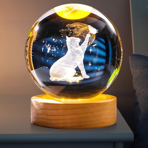 GOMETY 3D kristallkula nattlampa katt 80 mm katt glasboll lampa med LED-träbas, 7 färger USB 3D katter glasboll nattlampa för barn sovrum dekoration och gåva för kattälskare