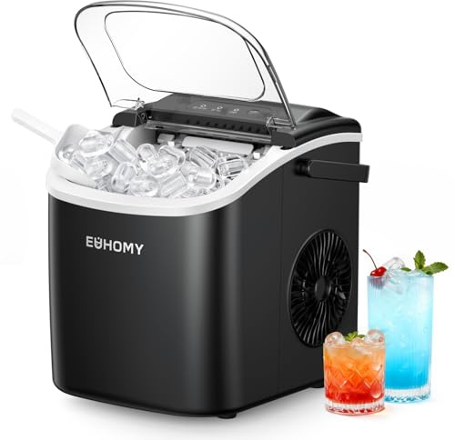 EUHOMY Countertop Ice Maker Machine with Handle, 9 Cubes in 6 Mins, 26 lbs per Day, Energy Saving, Self-Cleaning, Portable Ice Maker with Basket and Scoop, Ideal for Home, Kitchen, Camping, RV
