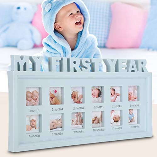 Riuulity Cadre Photo pour bébé de Première Année, Affichage en Plastique Non Toxique, Mémoire D'enregistrement de 12 Mois, Bleu Clair 7,9 X 16 Pouces, Souvenir pour Chambre de bébé