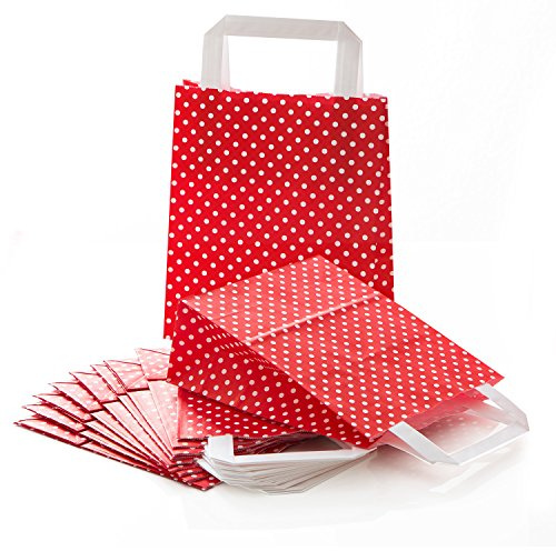 Logbuch-Verlag 25 papperspåsar med handtag röd vit prickade pappersbärkassar som förpackning presenter Give-Aways 18 x 8 x 22 cm