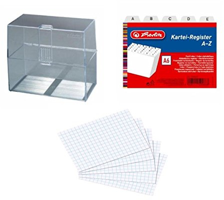 Bürohengst A6 Karteikasten, Kunststoff, max. 300 Karten, transparent, 100St hf eingeschweißt, A6 kariert weiß, 25tlg A-Z PP weiß