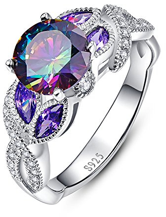Bonlavie Rainbow Topaz Rings 925 Sterling Silver Engagement Rings for Women Anniversary July Sapphire Gemstone Birthstone Wedding Band Size S