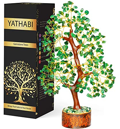 Healing Crystal Money Trees Feng Shui Gift Handmade Reiki Crystals & Stone Home Office Table Décor Good Luck Throat Chakras (Green Aventurine Golden Wire)