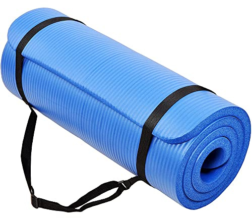 BalanceFrom GoCloud - Esterilla de yoga multiusos de 1 pulgada extra gruesa de alta densidad antidesgarro con correa de transporte (azul)