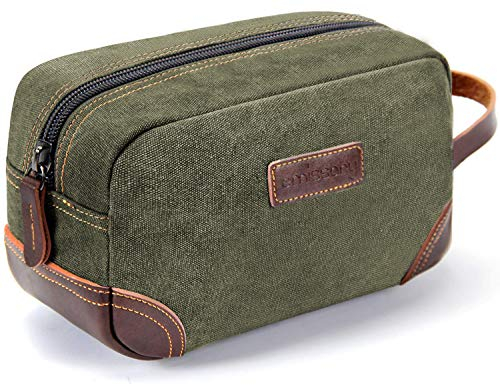 emissary Men's Canvas Travel Toiletry Bag, Leather Dopp Kit - Dark Green