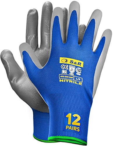 S&R Gants de Travail Homme 12 PAIRES. Gants de Protection Manutention Montage Mécanique Bricolage Jardinage. Gants enduits en Nitrile