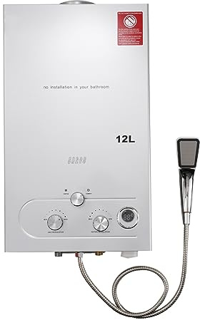 TABODD 12L LPG Propane Gas Water Heater, Portable Tankless Instant Hot Water Heater Boiler Burner with Shower Head Kit for Small Homes RVs Sailboats Cabins Camping, Silver