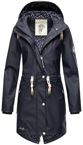 Navahoo Damen Übergangsjacke Regenmantel wasserdichte lange Regenjacke mit verstellbarer Kapuze und geschweißten Nähten Tropical Stormoo Navy Gr. L