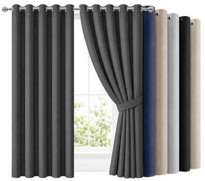 Hafaa Blackout Curtains for Bedroom, Dark Grey Curtains 46x 54 1 Pair | Energy Efficient Black Out Curtains, Ready to Hang, Thermal Insulated Curtains for Living Room, 2 Panels with Tiebacks