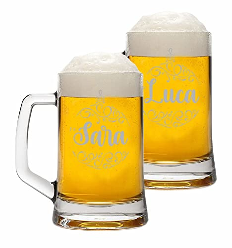 Colorfamily Coppia Boccali Personalizzati Set da 2 Boccali Birra Personalizzati con nome pallina Natale Bicchiere in Vetro 500 ml