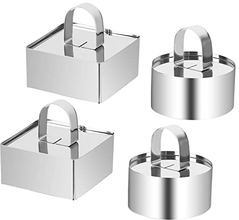 RUCUDIM Dessertringe 4 Pcs Tortenring 8cm Durchmesser Edelstahl Backring mit Deckel, Servierringe Quadratischen und Runden Kleine Tortenringe für Mousse Kuchen Desserts Backwaren
