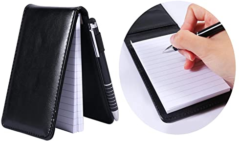 Mini Pocket Notizbuch, A7 Leder Notizbuch mit Metall Stifte, Halter Klein Notizblock Schwarzer Einband, Kleines Tagebuch Notizbuch für AktivitäTen im Freien