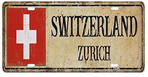 Country Souvenir - Funda para matrícula rústica vintage, novedad, etiqueta de coche, regalo de vanidad con 4 agujeros, ciudad capital de Suiza, Zurich, placa de aluminio para coche para hombres, mu