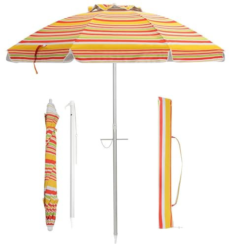 KOMFOTTEU Sombrilla Inclinable Ø 200 cm de Playa, Parasol de Jardín con Protección UV, Paraguas Plegable con Anclaje y Bolsa de Transporte, Sombrilla para Patio, Balcón, Piscina (Raya Multicolor)