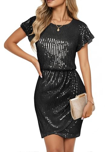 GRACE KARIN Sparkly Short Sleeve Sequin Dress for Women Trendy Elastic Waist Elegant Black Sparkly Dresses for Woman Black L