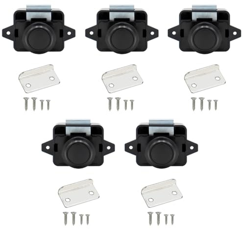 5PCS Push Button Latch Catch Drawer Replacement Keyless Door Lock Cupboard Door Motorhome Caravan Cabinet Knob Zinc Alloy Pop Up for 15-18mm Thickness Cabinet Boat Horsebox Camper Van RV Black