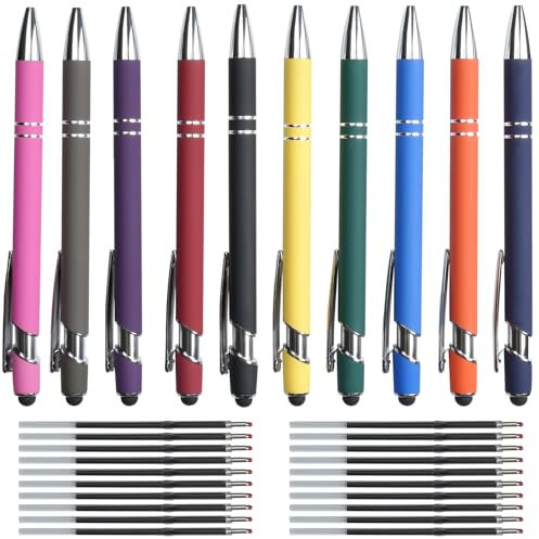 Hengxinchen Kugelschreiber Hochwertig, 10 Stk Super Haltbar Druckkugelschreibe mit 20 Stk Nachfüllungen, Kugelschreiber Set Bunte, 2 in 1 Ergonomische Kugelschreibe mit Touchpen für Büro und Haushalt