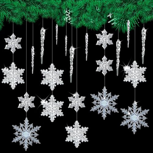 42 PZ Fiocchi di Neve in Cristallo Acrilico 20 PZ Fiocchi di Neve Decorazione per Albero di Natale con 20 PZ Albero di Natale Ghiacciolo e 2 Filo per Braccialetti Elastico Decorazioni Natalizie