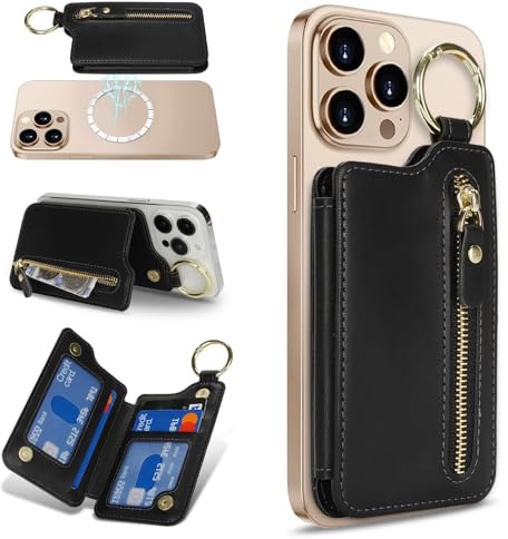 Zouzt für MagSafe Wallet, Magnetischer Handy Kartenhalter Reißverschluss, Zipper Wallet mit verstellbarem Ständer, Ring Schlüsselanhänger for iPhone 16 Pro Max/16e/16/15/14/13/12, Schwarz