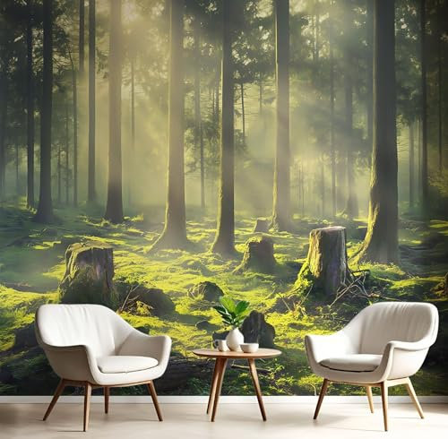 Seide Fototapete Urwald 250×175 CM (W×H), Foto Tapete Schlafzimmer Wohnzimmer Seide tapete, Wandtapete Baumstumpf Motivtapeten Bildtapete 3d Effekt Wand Dekoration