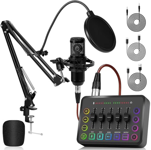 Pacchetto attrezzatura podcast, RGB Streaming Gaming Audio Mixer, Interfaccia audio per musicisti in streaming, Alimentazione phantom 48 V, Per lo streaming dal vivo, il podcasting, il canto, il gioco