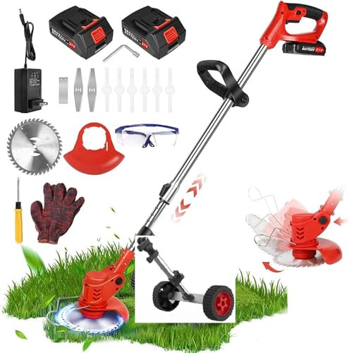 24V Cordless Strimmer, Lightweight Grass Trimmer, 3 in 1 Metal Blade Strimmer with 2 x 2.0Ah Battery, 3 Type Blades, Battery Strimmer Brush Cutter for Lawn Garden Trimming (with Wheels)