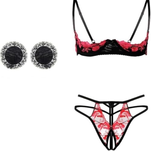 mini kitty Women Sexy Lingerie Set Quarter 1/4 Cup Push Up Bra and Panties Floral Lace Embroidery Underwear Set Cutout Balconette Shelf Bra Knickers with Nipple Cover 3 Pieces (Red, One Size)