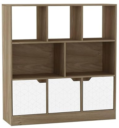 URBNLIVING Estantería asimétrica de roble de 8 cubos, armario de almacenamiento independiente con 3 puertas, puertas de diseño geográfico, color blanco