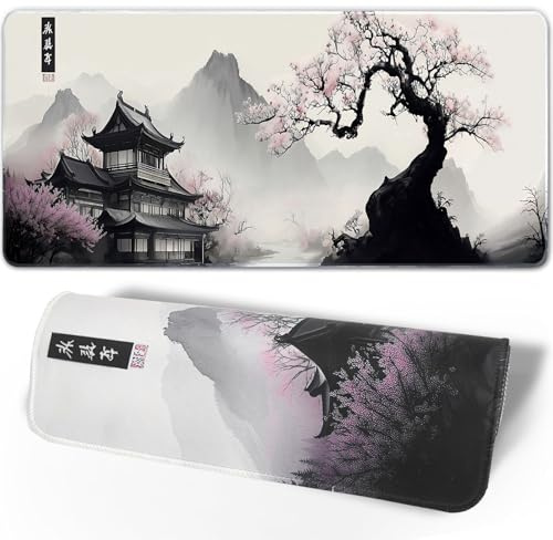 Watercolor Cherry Blossom Mouse Pad Gaming Mousepad Non-Slip Rubber Base Keyboard Pad Desk Mat for Home Office, 31.5 x 11.8 in