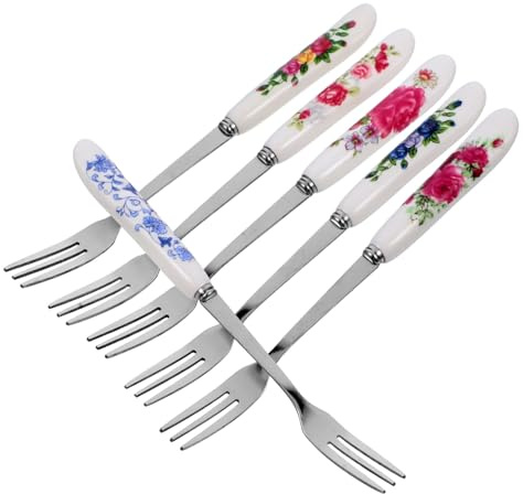 SAFIGLE 6 pezzi Forchettine da Dessert Multiuso in Acciaio Inossidabile con Manico in Ceramica Resistenti e Portatili per Frutta Torte e Antipasti per Casa Bar e Feste