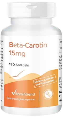 Vitamintrend Betacaroteno 15mg, 180 cápsulas blandas de 15mg cada una (equivalente a 25 000 UI), alta dosis, sin estearato de magnesio, fabricado en Alemania.