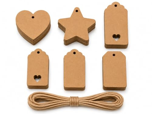 MD Labels Étiquettes cadeaux en papier kraft avec ficelle de jute – 120 étiquettes en 6 designs – inscriptibles pour bricolage, mariage, Noël, fait à la main et emballage cadeau