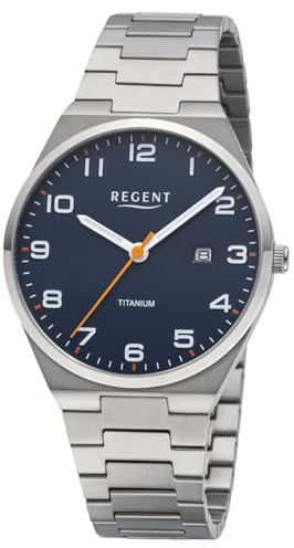 REGENT F-1615 Reloj de hombre titanio plateado esfera azul fecha cuarzo 40mm 5 ATM correa de titanio