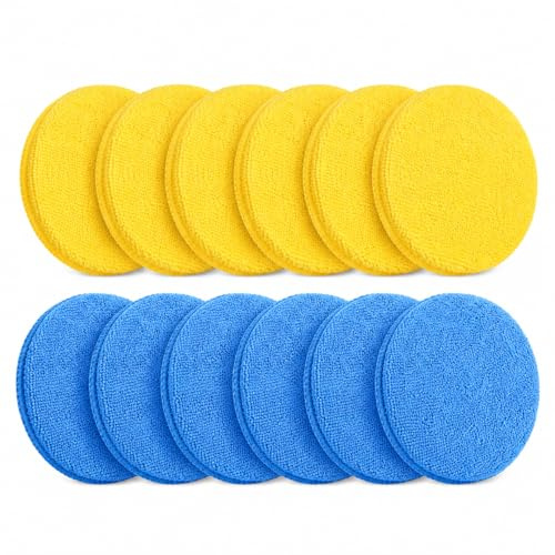 12 Stück Polierschwamm Auto 12,7 cm, Mikrofaser Applikator Schwamm Auto ohne Fingerfach, Handpolierschwamm Polierpads für Autopolitur, Autowachs, Lackpflege, Reinigung, Gelb, Blau