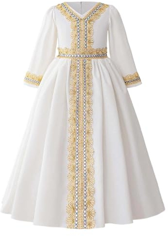 Générique Robe de soirée élégante brodée pour Filles, Abaya Traditionnelle ceinturée avec Bordure en Dentelle, Tenue de cérémonie et fête, Coupe Confortable pour Enfants de 3 à 7 Ans