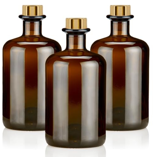 Geniess-Bar! 3x Apothekerflaschen 500ml braun elegante Braunglas Flaschen schwarz antik 0,5L leer PE Korken Gold Glasflaschen für Öl, Gin, Kräuter Schnaps od. als Geschenk
