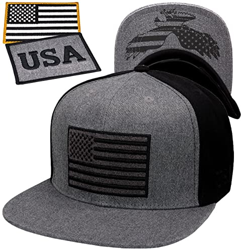 Antourage American Flag Unisex Hat for Men and Women Mesh Snapback Baseball | Flat Visor USA Flag Cap + 2 Patriotic Patches ((76) 2-Tone: Grey/Black Flat Visor Snapback)