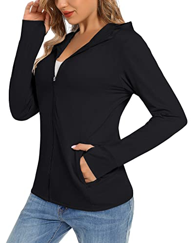 TACVASEN Hoodies de Protection Solaire pour Femme Séchage Rapide T-Shirt de Natation Veste Zip Complète avec Capuche Léger Protection UV Noir
