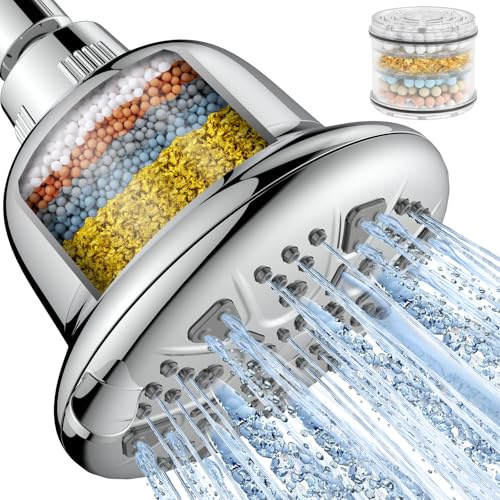 MakeFit Filtered Shower Head - High Pressure Shower Head with Filter for Hard Water - Rain Shower Head Water Softener - Luxury 7 Settings Adjustable Water Filter Showerhead (Chrome)