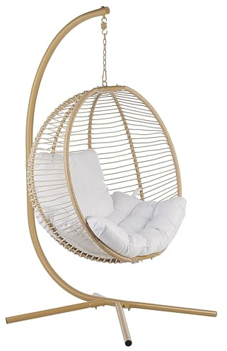 Silla Colgante con Soporte Beige Blanco Metal cojín Sala de Estar Exterior Arco
