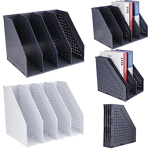 IBEQUEM 2 Stück A4 Faltbarer Stehsammler, Stabiler Schreibtisch-Organizer mit 4 vertikalen Fächern für School Office, Büroorganisation und -aufbewahrung (Schwarz, Weiß)