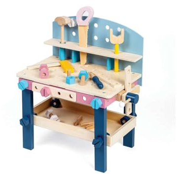 Bigjigs Toys Wooden Tool Bench - 15 Piece Kids Workbench, Construction Toys, Montessori Kids Tool Set, Toys For 2+ Year Old Girls & Boys
